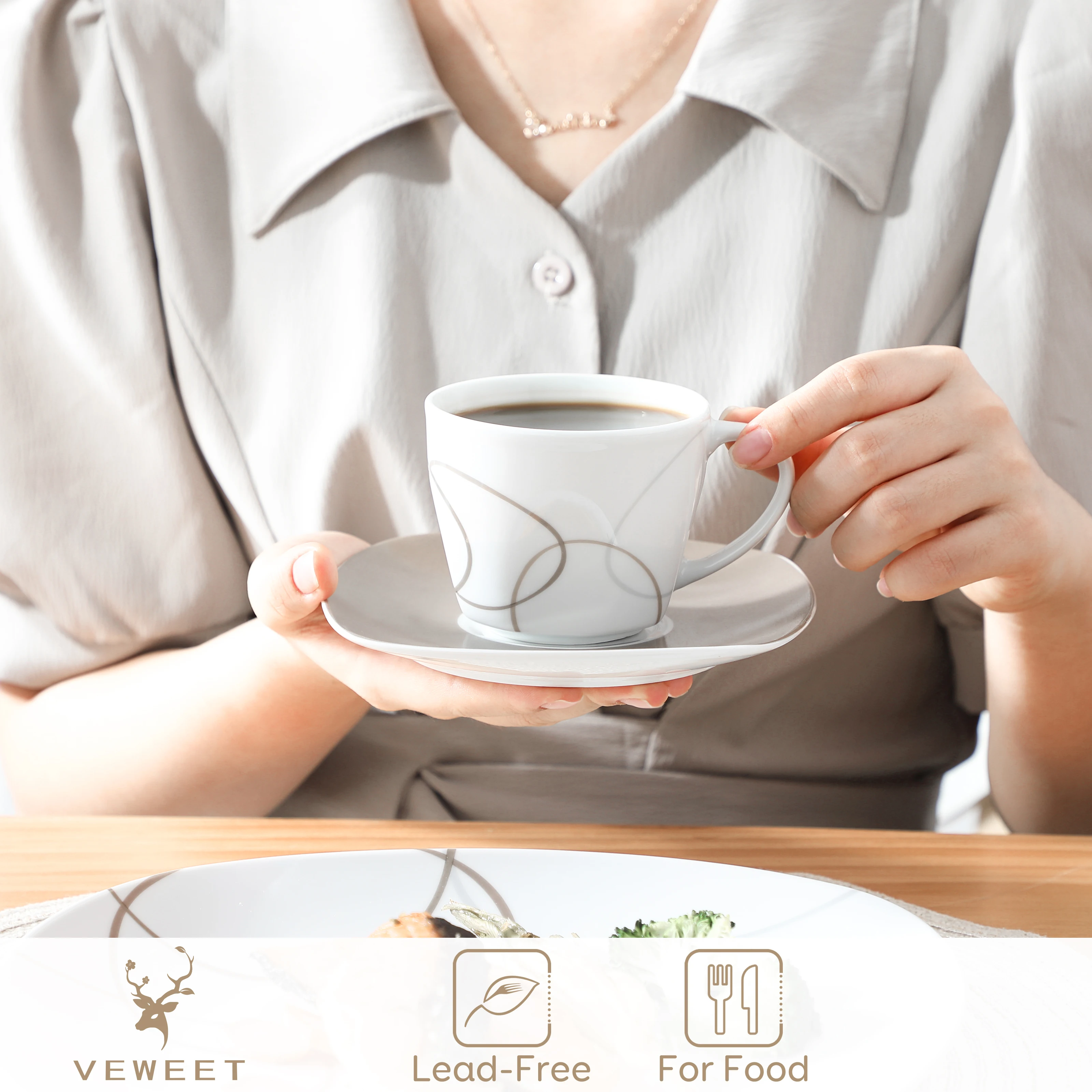 VEWEET 30-Piece Porcelain Ceramic Kitchen Dinner Plate Set with 6pcs Dessert Plates/Soup Plates/Dinner Plates/Cups/Saucers 3