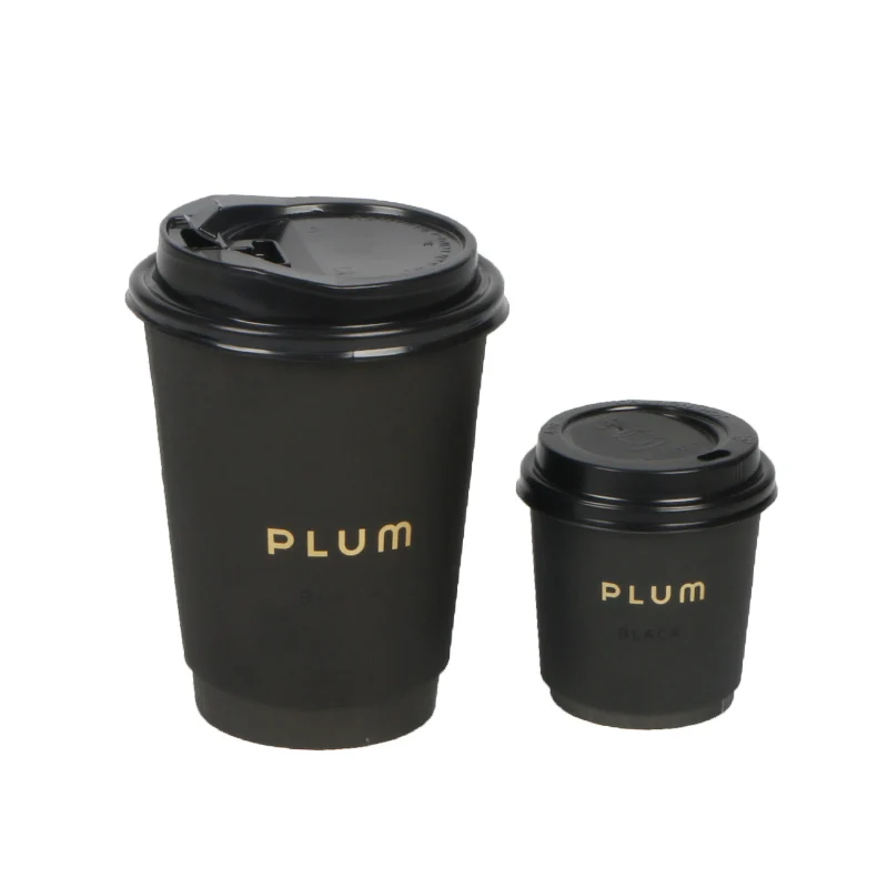 

Customized product4oz 8oz 12oz disposable double wall gold foil stamping custom logo all black hot coffee paper cup with PS lid