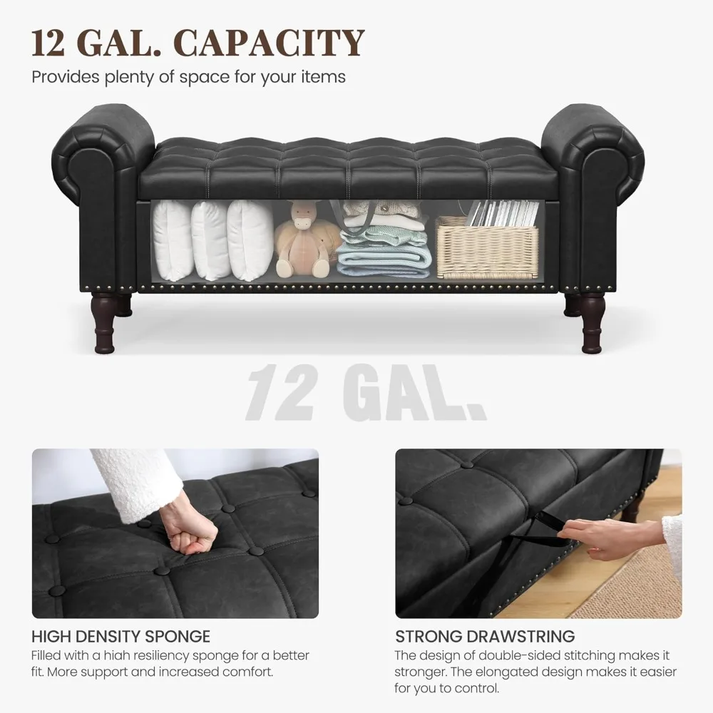 storage ottoman bench for bedroom, 51" upholstered bedroom bench with rolled arms and vintage rivets, large storage chest for li