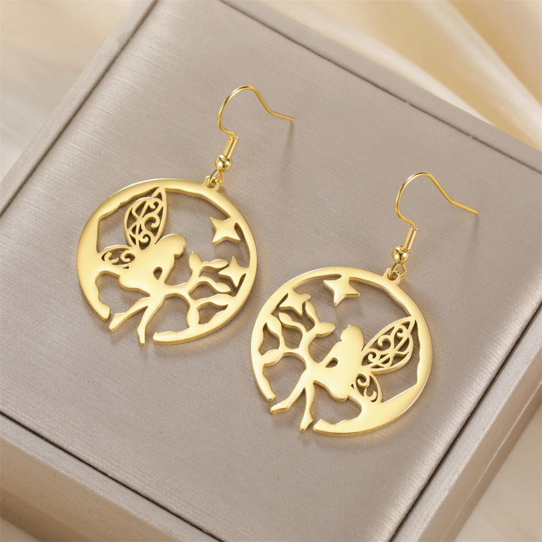 Elegante Blumen-Fee-Tropfenohrringe aus Edelstahl, modischer Charme, Waldelfe, baumelnde Ohrringe für Frauen, Dame, Party, Schmuck, Geschenk – Detail 7