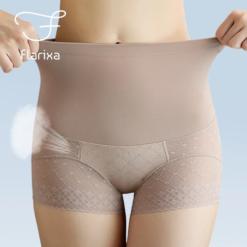 Flarixa High Waist Women Lace Panties Flat Belly Shaping Briefs Breathable  Mesh Transparent Knickers Tummy Hip