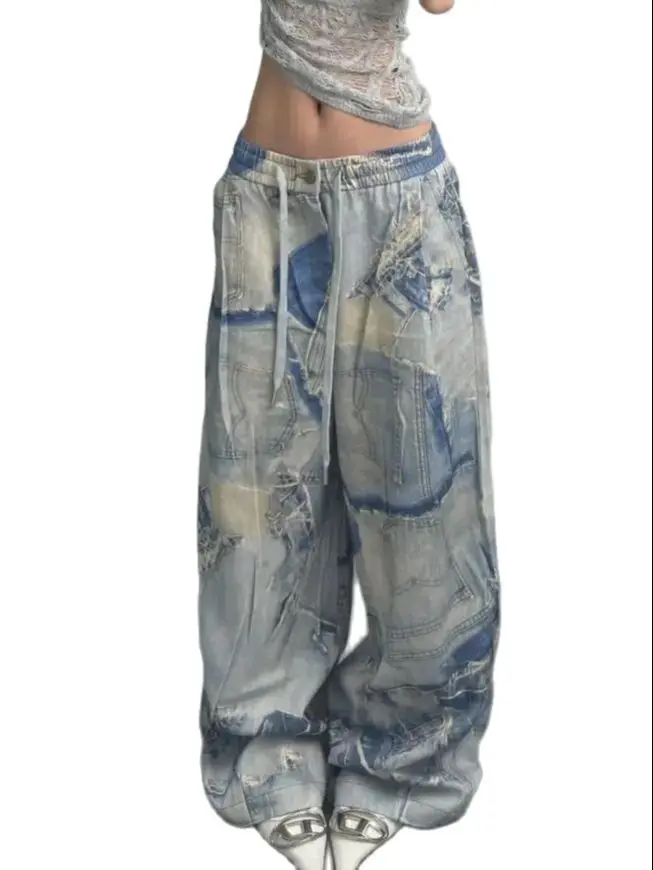 High Waist Women Tie Dyeing Jeans Hip-Hop Style Vintage American Washing For Old Wide Leg Jean Plus Size Female Trouser