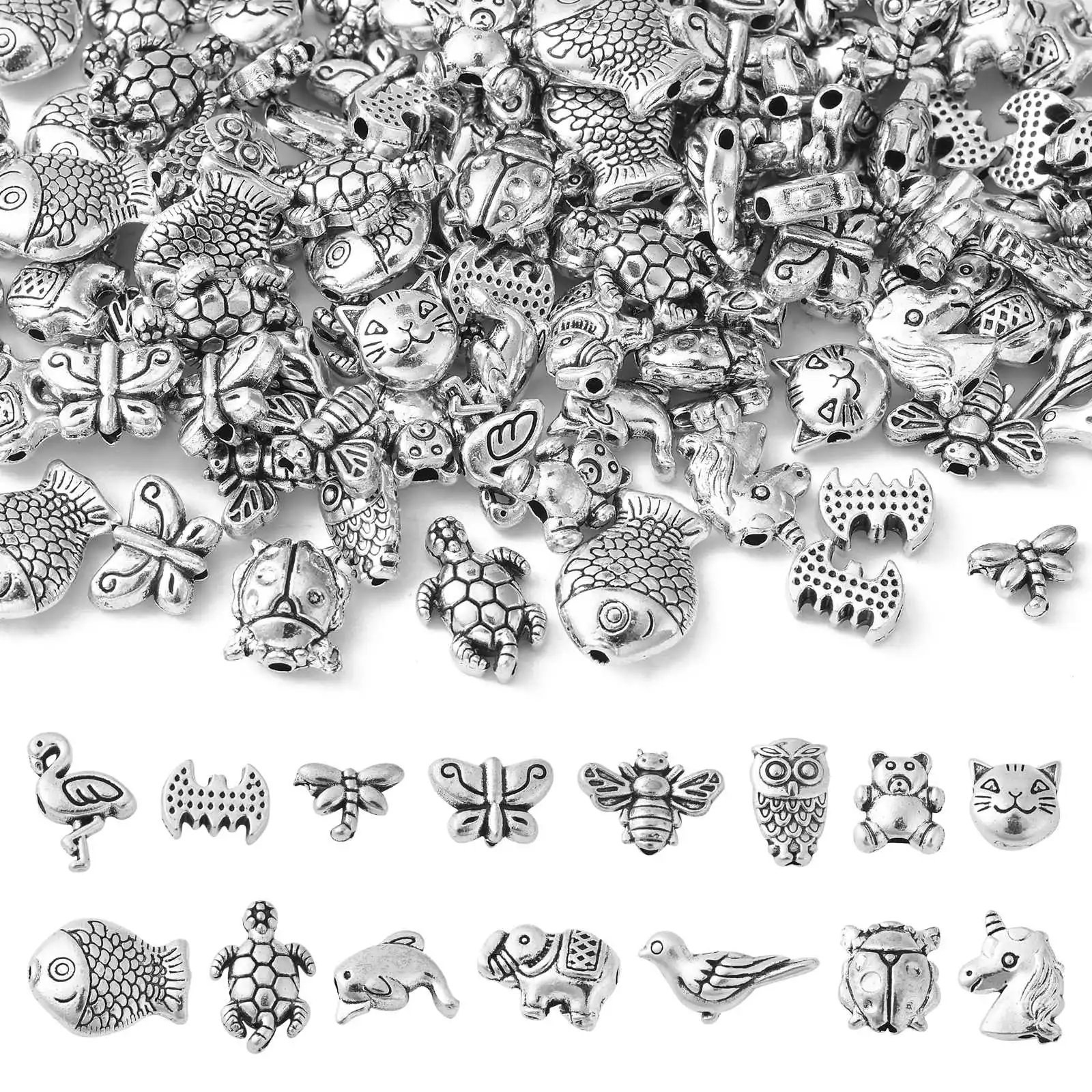 150Pcs Mixed Styles Antique Silver Animal Spacer Beads Tibetan Style Bear Owl Cat Fish Beads for Bracelet Jewelry Craft Making