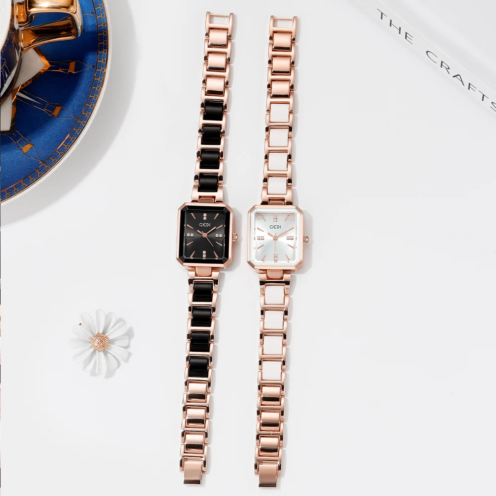 Luxury Rectangle Women Watches Simulated-Ceramics Bracelet 30M Water Resistance Elegant Ladies Quartz Wrist Watch White Black