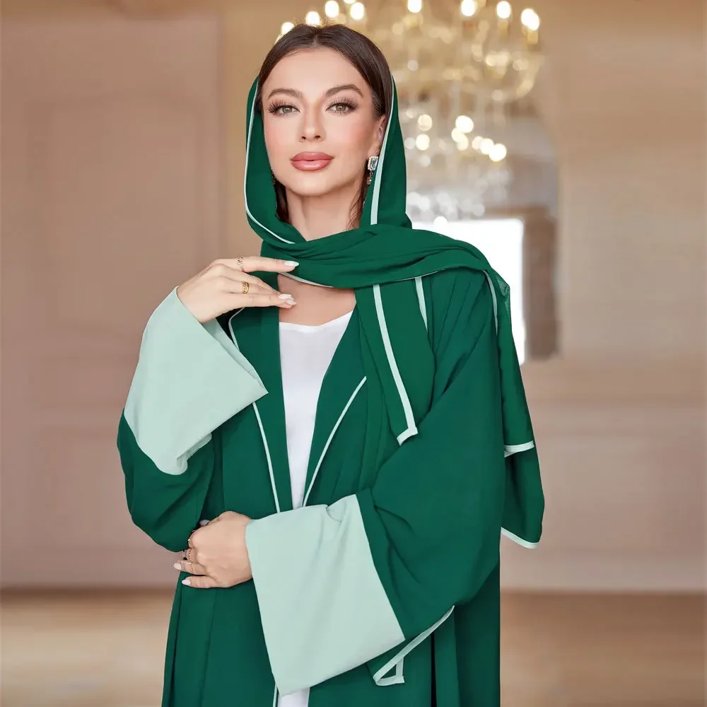 New Open Abaya with Hijab for Muslim Women Elegant Splicing Solid Color Kimono Abayas Dubai Kaftan Robe Casual Islam Clothing