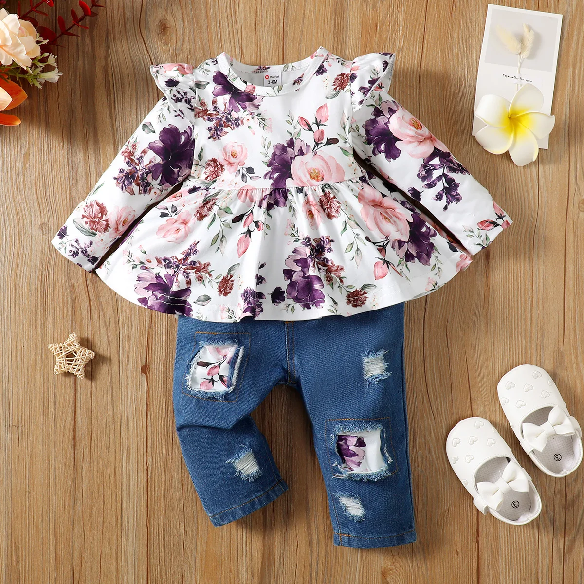 

PatPat 2pcs Baby Girl Allover Floral Print Ruffle Long-sleeve Top and 95% Cotton Ripped Jeans Set