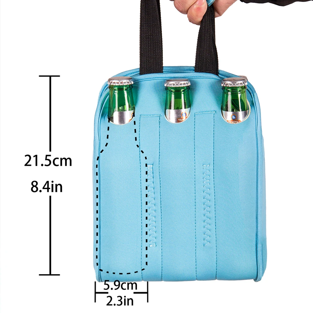 Neoprene insulated six pack beer bottle cooler, portable beer