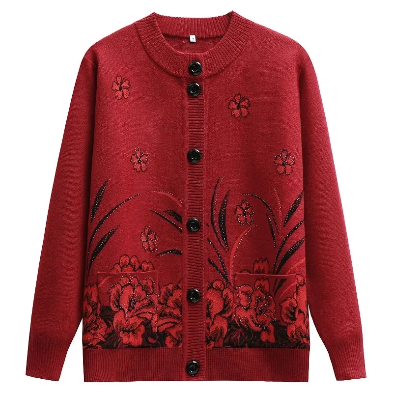 

Midd Aged Elderly Sweater Cardigan Women Jacket New Autumn Winter Single Breasted Thicken Warm Embroidery knitt Coat Female Tops