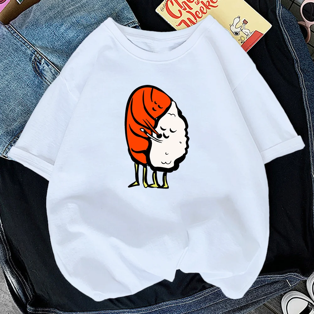 

Women Black T-shirts Summer Cute Sushi hug Short Sleeve Tees shirt femme 2023 Summer O-Nock Kawaii Clothing Tops Ladies T shirt
