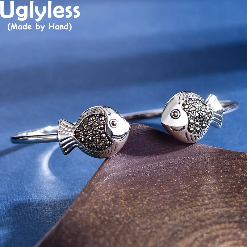 

Uglyless Marcasite, толстые рыбки, браслеты для женщин, Необычные блестящие супертонкие блестящие серебряные браслеты для рыб