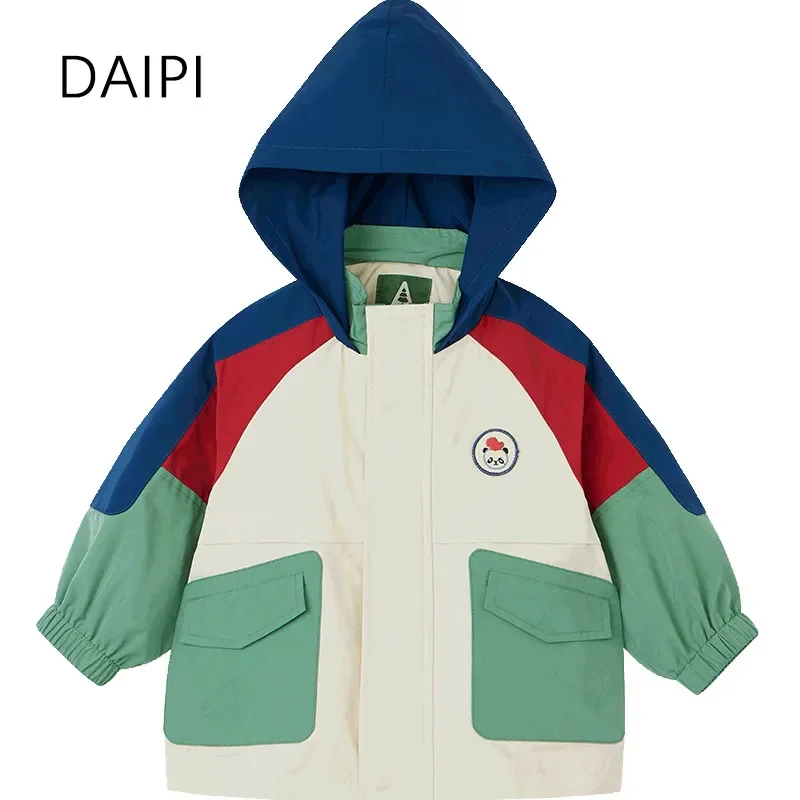 

1-7 Year Old Kid's Girl Coat Zipper Button Pocket Splicing Hooded Jacket for Boy 2023 New Windbreak Watertight Children's