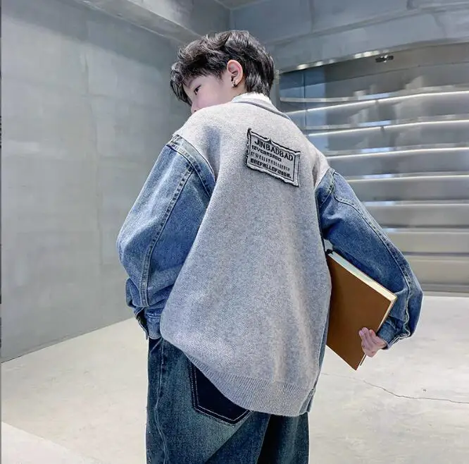 boys denim patchwork coat autumn spring cotton full sleeve high quality kids jacket 4-10t F140