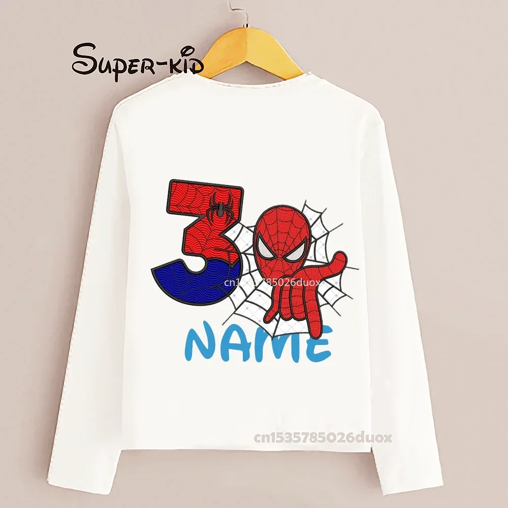 Primavera Autunno Marvel Spiderman Compleanno Cotone Manica Lunga T-Shirt 3 4 5 6 7 Anni Spiderman Nome Personalizzato Compleanno Vestiti Per Bambini