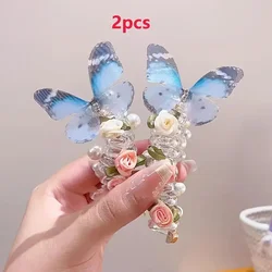 Butterfly Headband Duo for Girls - Cute Pearl & Floral Design Hair Accessories (2Pcs Blue)