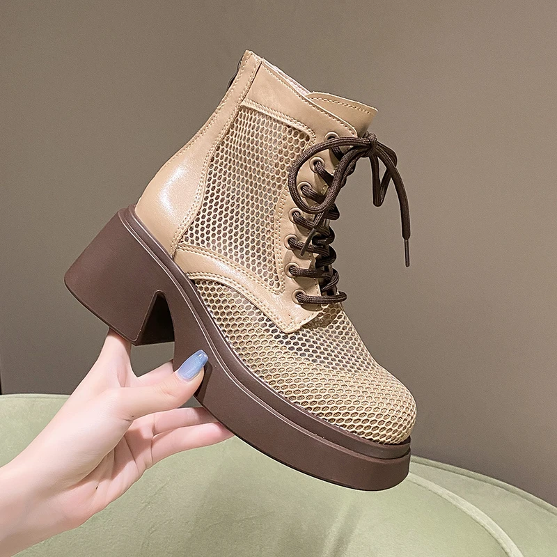 Aphixta 7cm Square Heel Breathable Mesh Ankle Boots Women Platform Lace Up Zip Close Summer Boots Platform Shoes Woman Boats