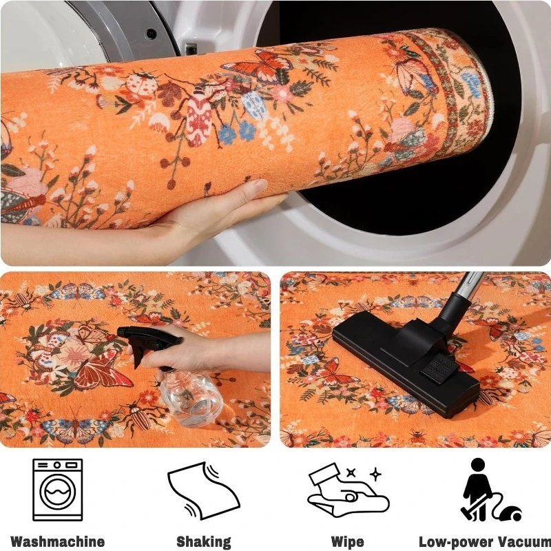 Vintage Living Room Carpet Large Area Butterfly Floral Print Bedroom Rugs Machine Washable Non-slip Soft Coffee Table Mats Tapis