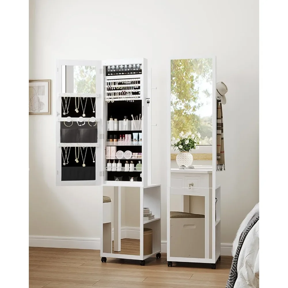 

Storage Shelves With Hooks Floor Mirror Cabinets Lockable Full-length Mirror With 4 Wheels 8 LEDs Jewelry Cabinet freight free