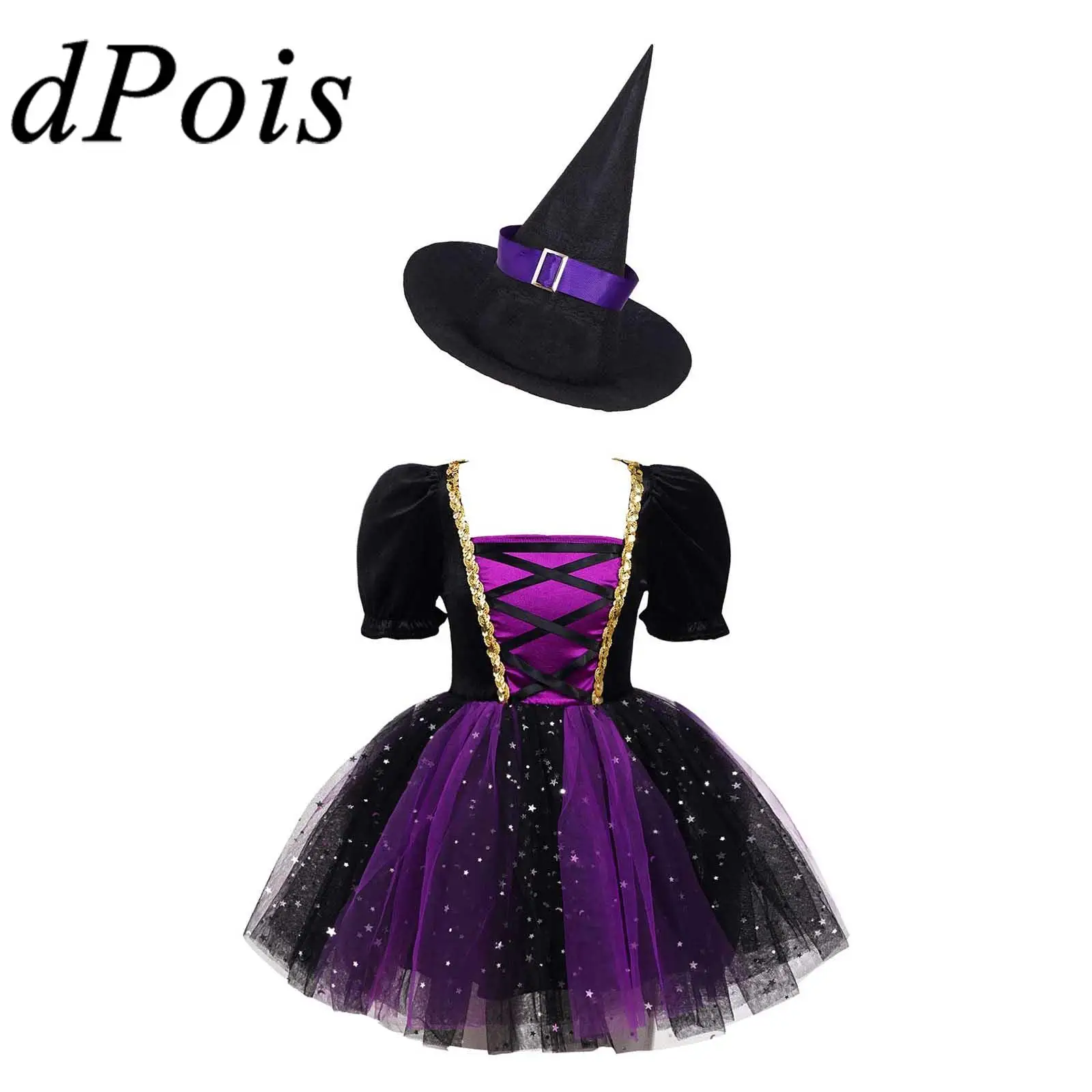 

Halloween Kids Girls Witch Costume Cosplay Dress Glittery Mesh Tutu Dress with Pointed Hat for Carnival Party Dress Up Clothes