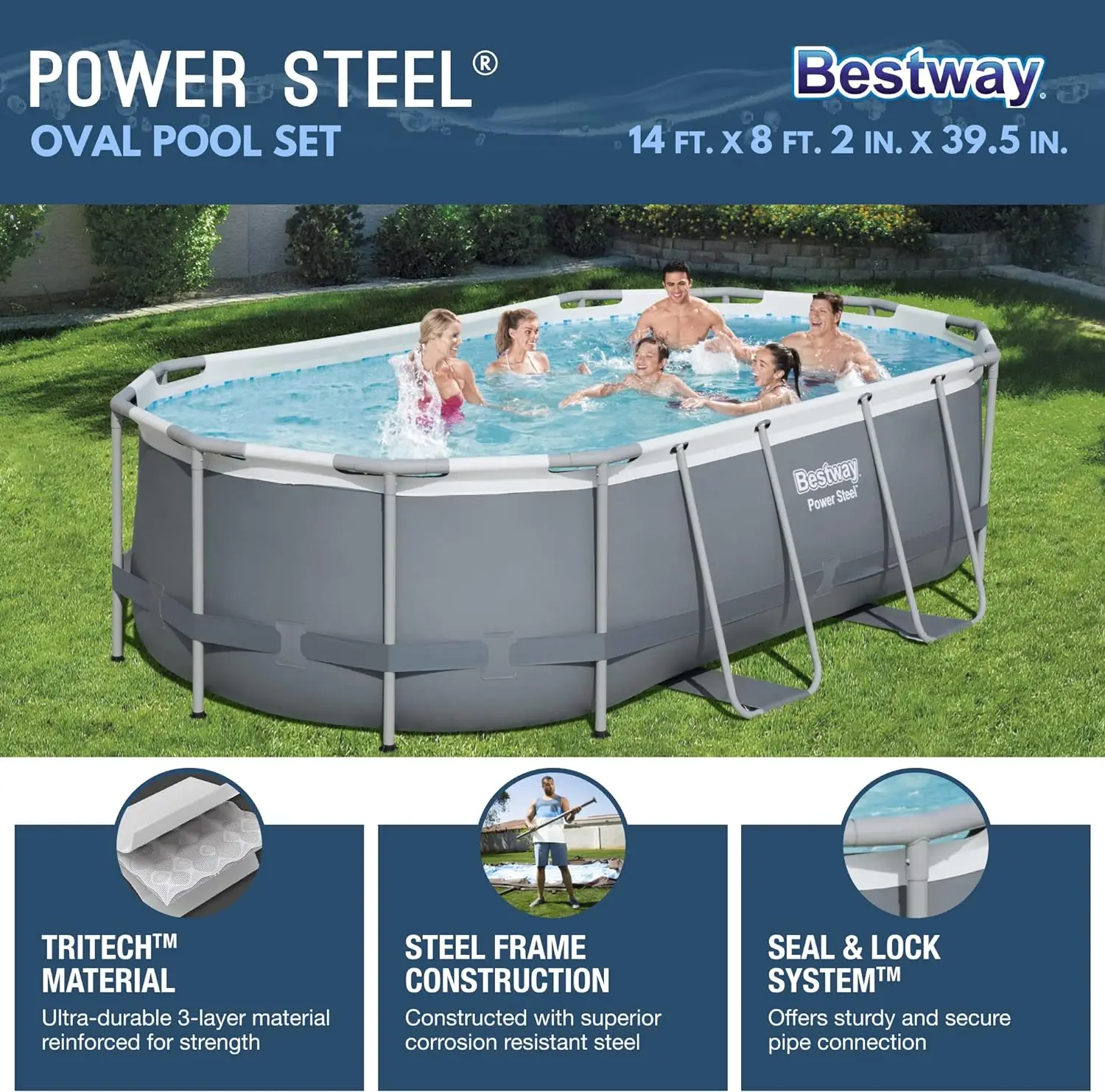 

Power Steel 14' x 8'2" x 39.5" Oval Above Ground Pool Set | Includes 530gal Pump, Ladder, ChemConnect Dispener