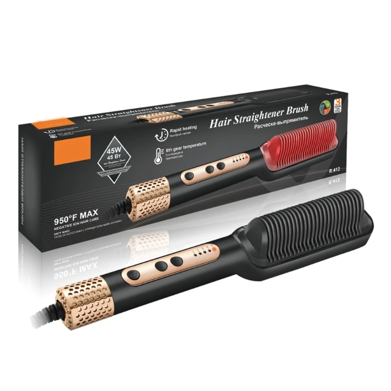 Hair Straighteneing Brush Negative Ion Hair Straightener Brush with 5 Temp Settings Quickly Heating & Anti-Scald Comb