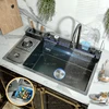 Waterfall Stainless Steel Kitchen Sink Honeycomb Embossed Large Single Slot Digital Display with Knife Holder Wash Basin 1