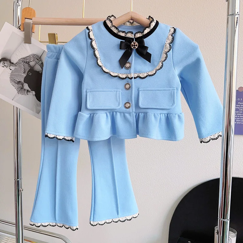 Larua Kors Korean Clothing Set Girl Winter Long Sleeve Fleece Button Ruffles Blue Sweater Cute 2 Pcs Sets Girls Clothes 18M-6T