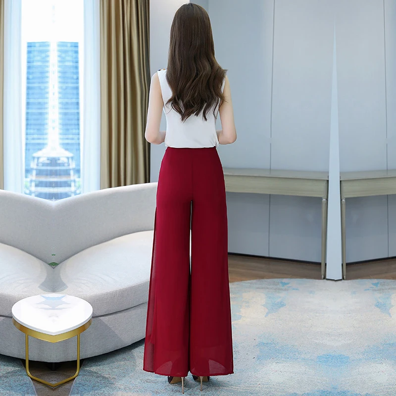 Women'S Summer Double Layered Thin Material Breathable High Waist Loose Casual Chiffon Wide Leg Pants Mom Dance Split Trousers