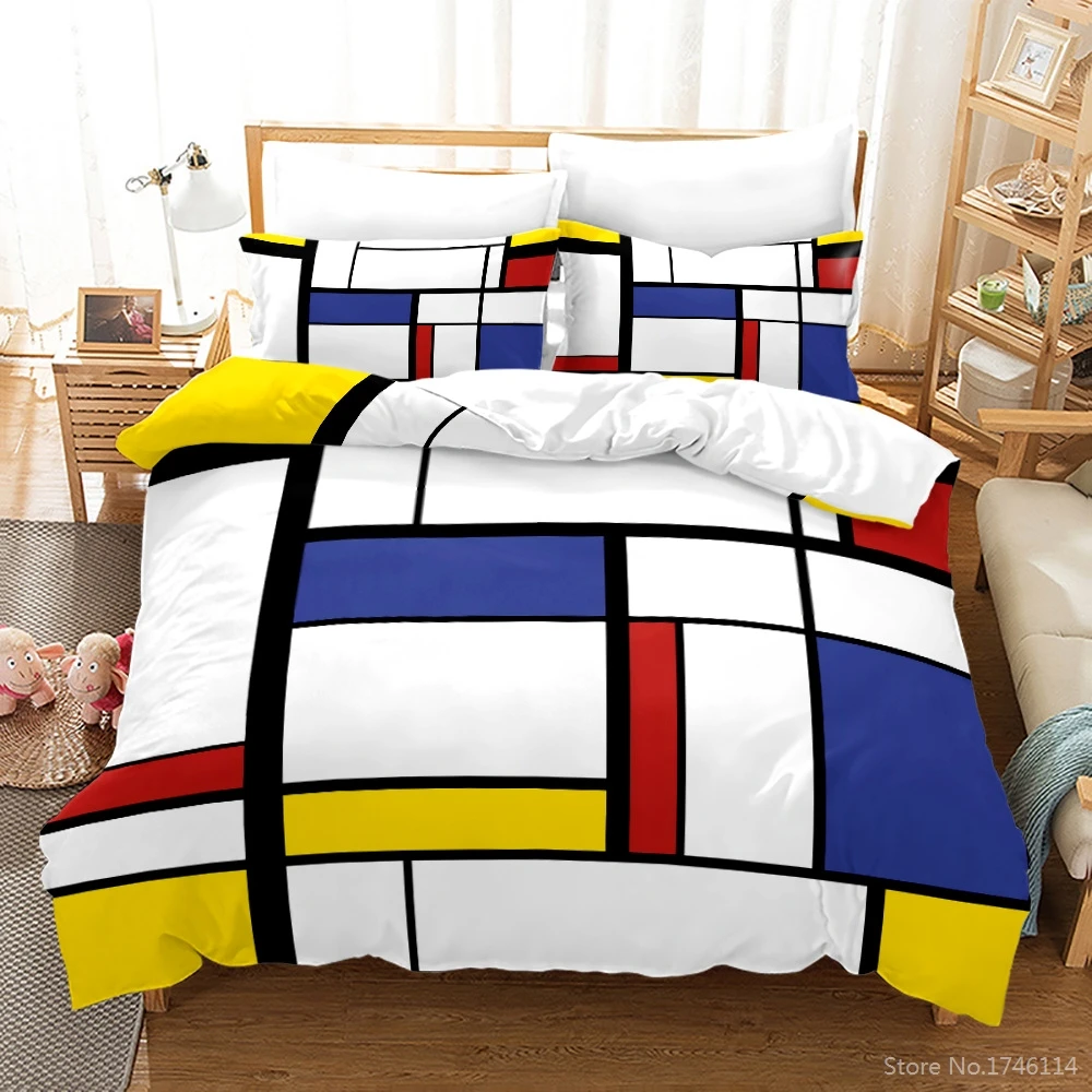 

Colorful Geometric Rectangle Printed Bedding Set Queen King Comforter Cover with Pillowcase Set Duvet Cover Set for Home Bedroom