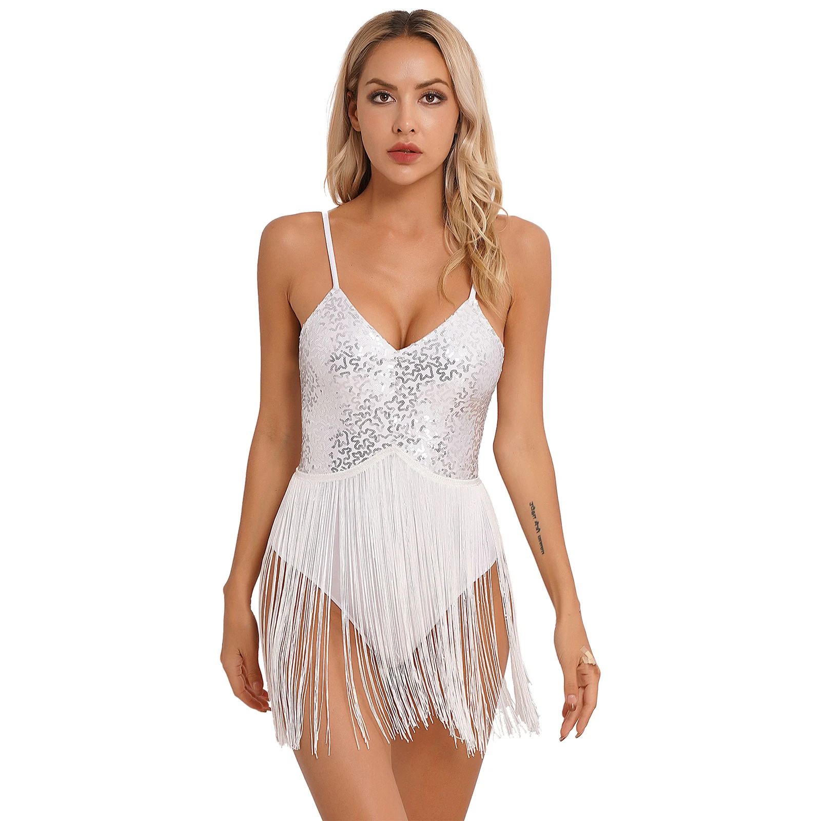 Womens Latin Cha-Cha Dance Leotard Dress Costume 2Pcs Glittery Sequins V Neck Fringed Tassel Bodysuit+Hat Samba Jazz Dancewear