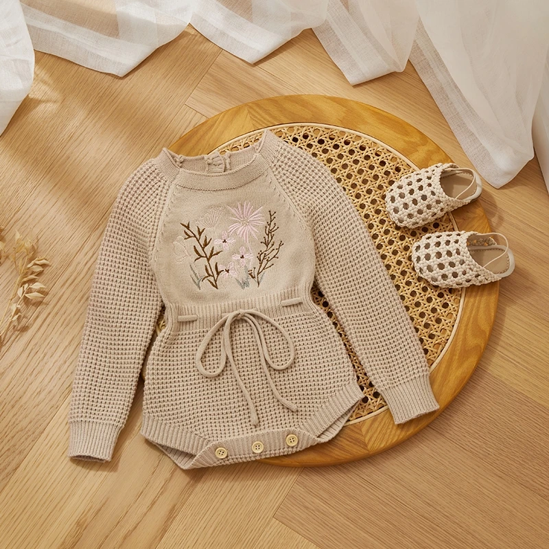 Baby Girls Sweater Embroidery Floral Baby Girls Sweater Romper Newborn Long Sleeve Knit Clothes Drawstring Princess Knitwear Winter Fall Jumpsuit