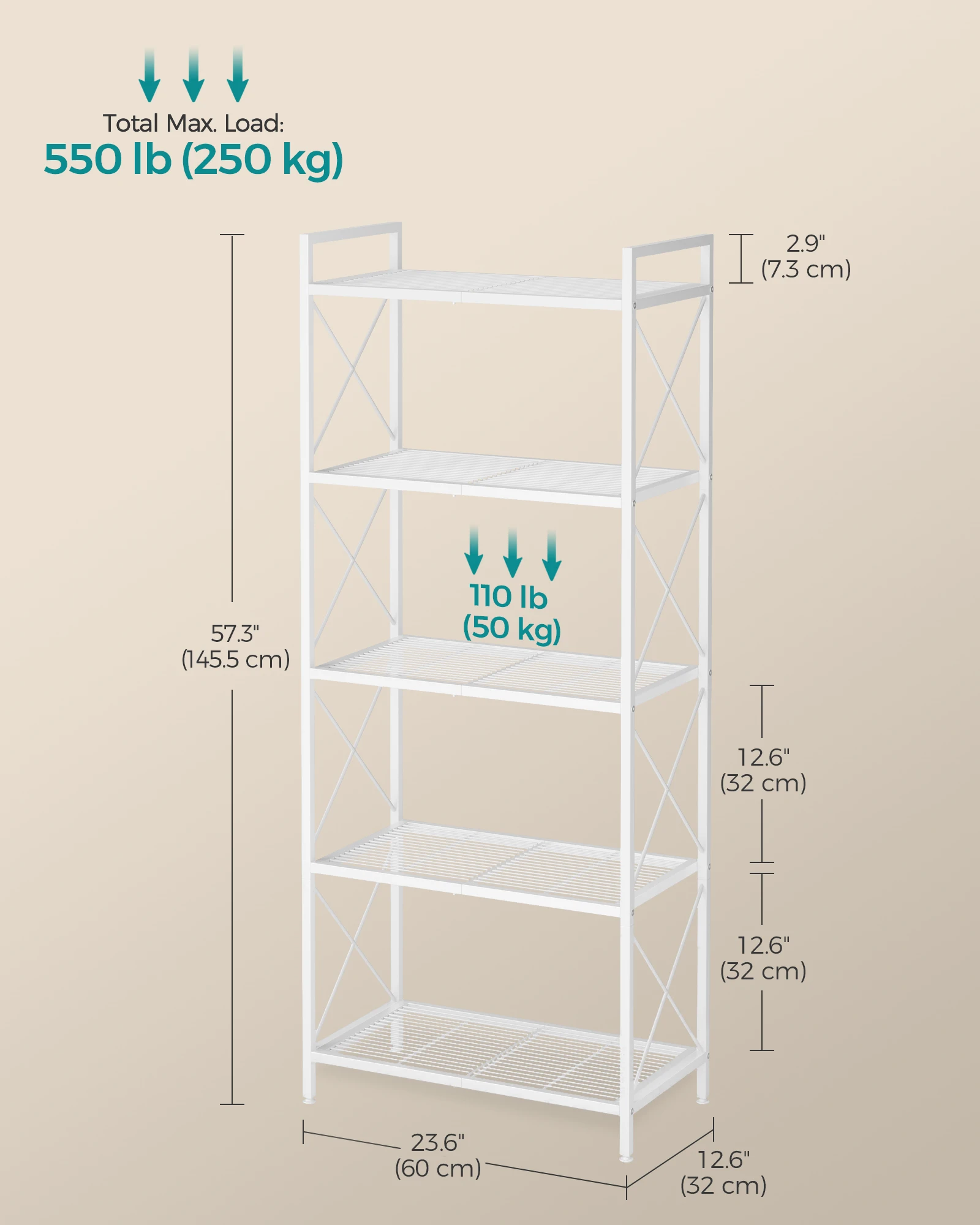 SONGMICS 5-Tier Metal Storage Rack, Shelving Unit with X Side Frames, Dense Mesh, 12.6 x 23.6 x 57.3 Inches, for Entryway 6
