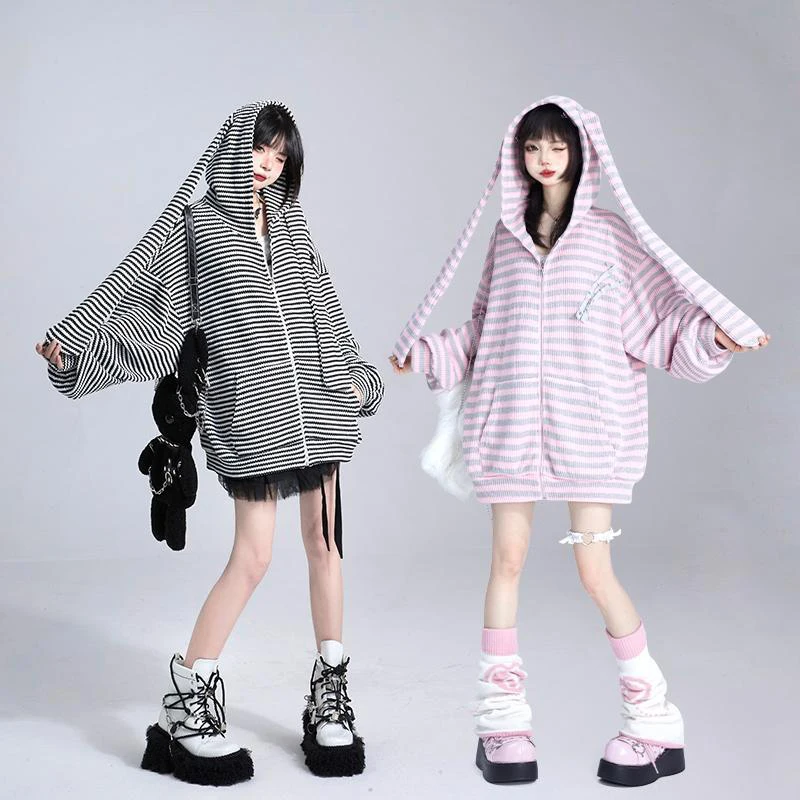 

Knitted Stripe Women Sweater Zipper Coat Japanese Y2K Hoodie Cute Rabbit Ear Long Sleeve Cardigan Autumn Chic Loose Sweatshirt