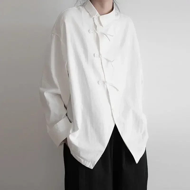 ZZ129 2024 Spring Autumn Design Sense Irregular Fashion Slant Button Shirt Women's Casual Loose Long Sleeve Temperament Shirt 4