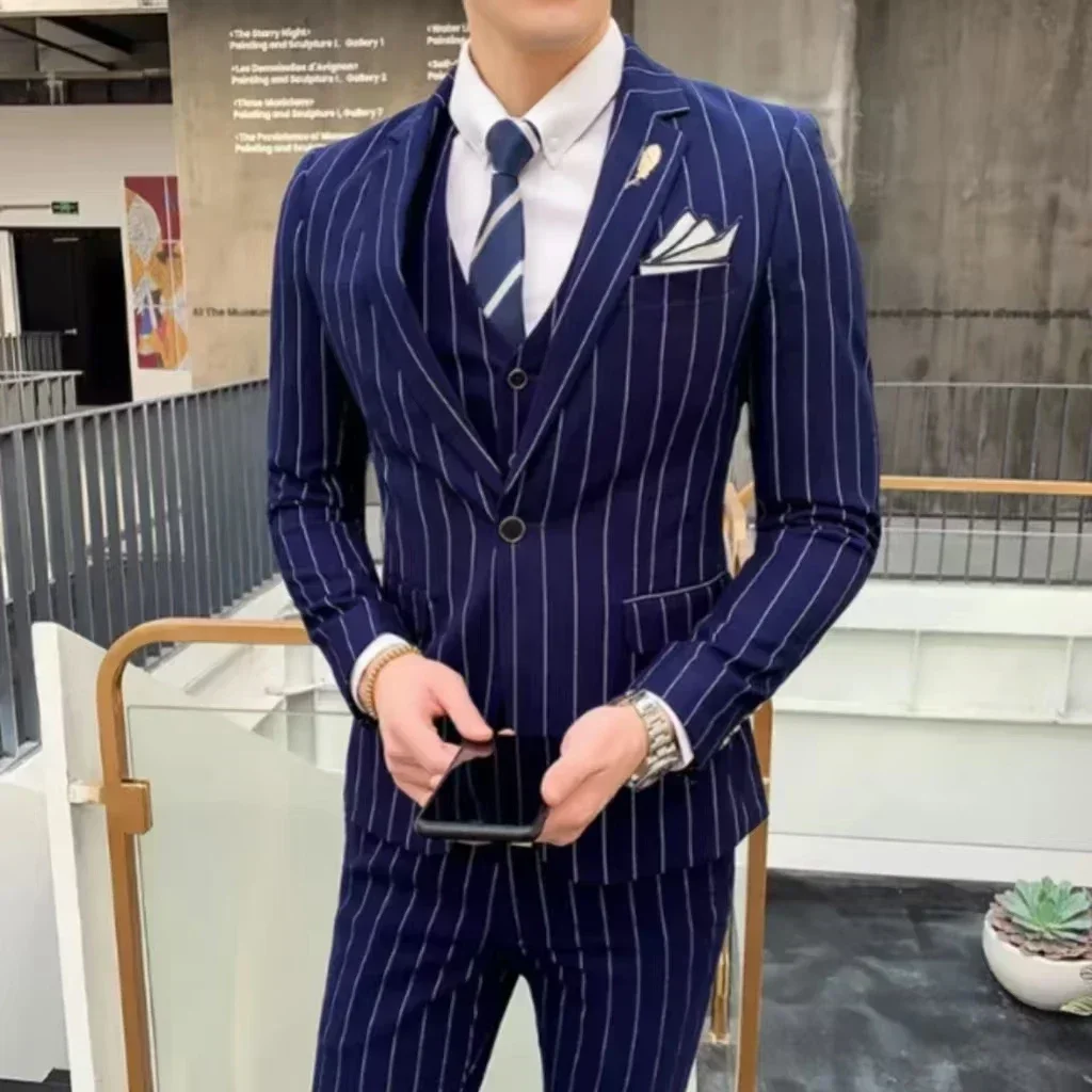 Formal Men's Striped Suit Two-Piece Blazer Vest Pants Set Slim Fit Classic Tuxedo Set for Wedding Party Business