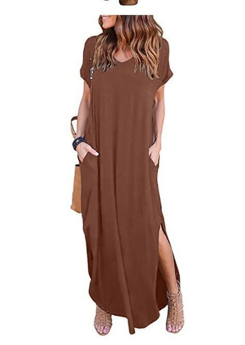 Solid Color  5XL Sexy Women Pocket Dress Summer Solid Casual Short Sleeve Maxi Dress for Women Long Dress Y2k Lady Dresses