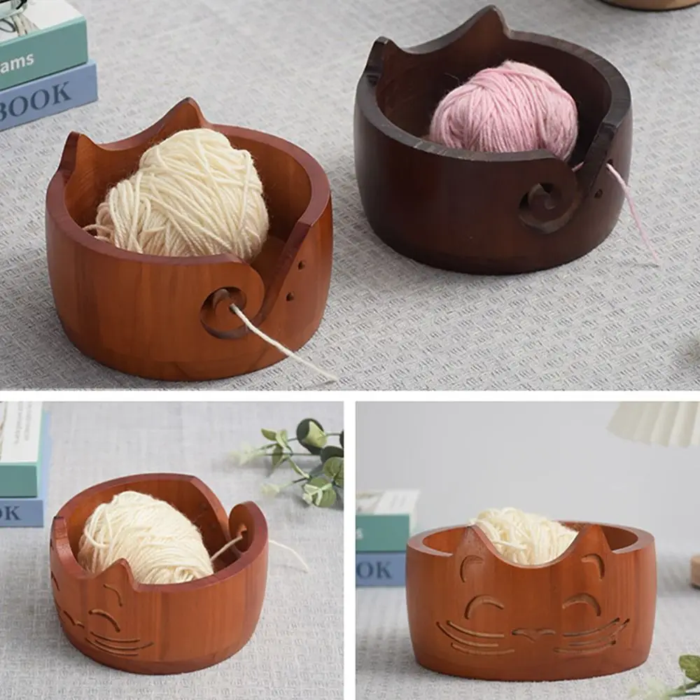Yarn Storage Bowl Wood Wool Round Cat Shaped for Knitting Yarn