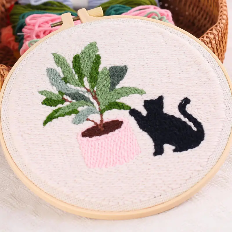 Punch Needle Embroidery Starter Kits Themed Green Tree Black Cat Needle Kits Beginners Adjustable with Pattern for Craft Lovers