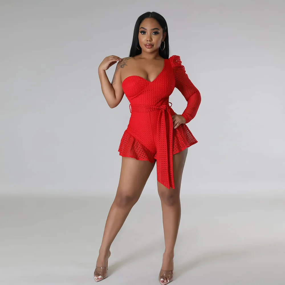 

Sexy Sloping Shoulder Solid Color Bodycon Jumpsuit Casual Micro-flare Pants Type New 2023 Fashion Short Party Outfits for Women