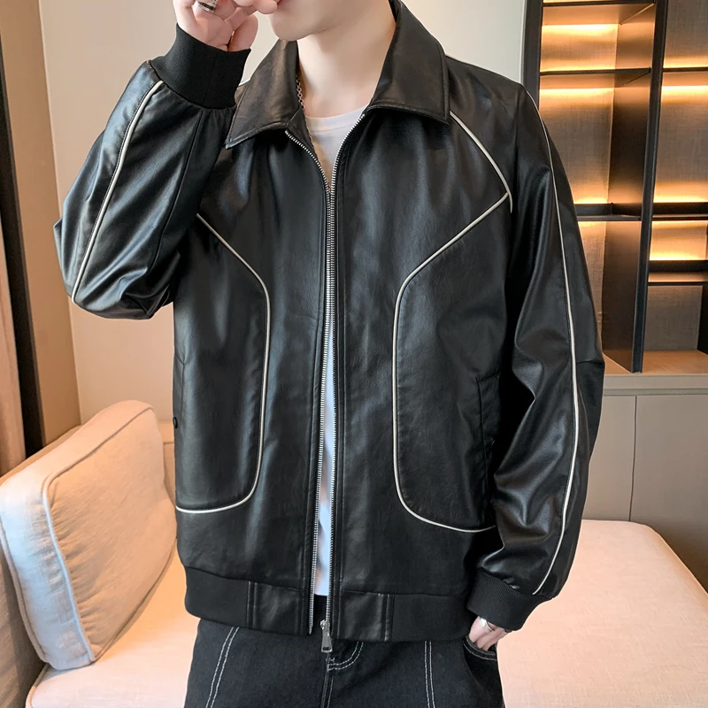 Men's Motorcycle Leather Jacket 2024 Autumn Fashion Classic Pocket Lapel Slim Fit PU Coat Street Windproof Men's Leather Jacket