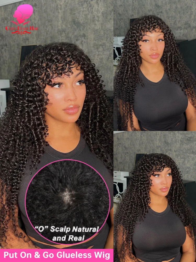 Silk Base Human Hair Wig With Bangs Brazilian Afro Kinky Curly Silk Base Deep Wave O Scalp Glueless Human Hair Wig Wear And Go