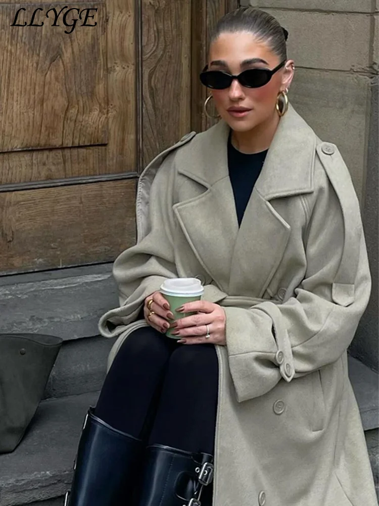 Elegant Women's Woolen Overcoat With Belt Street Lapel Double Breasted Full Sleeve Long Coat 2024 Autumn Lady Loose Outwear New 4