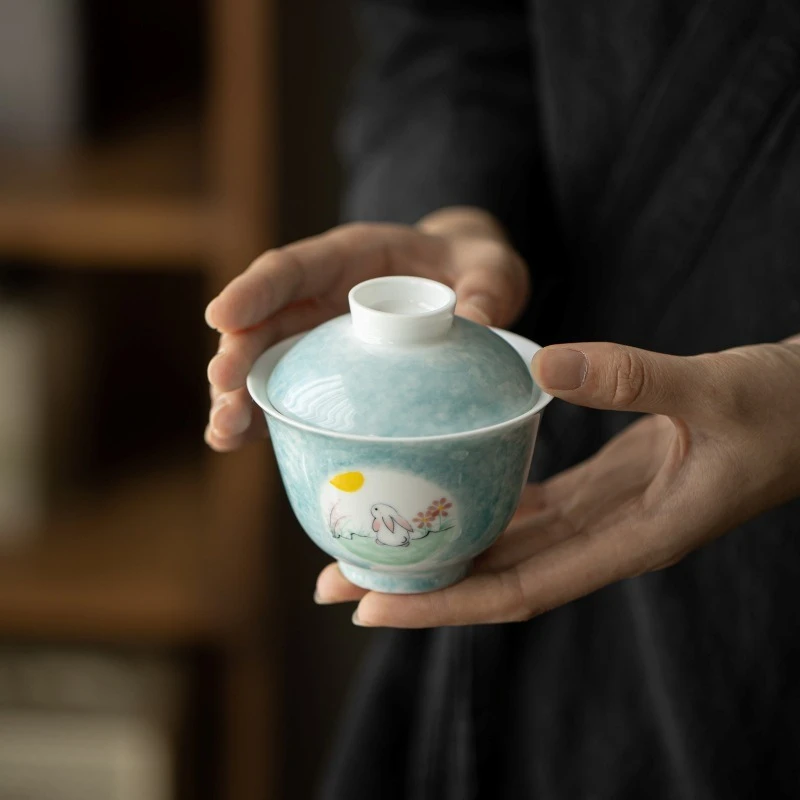 Hand Painted Lidded Tea Cup Rabbit Moon Design Underglaze Color Scholar Style Ceramic Gongfu Tea Set Zen Home Brewing Gift