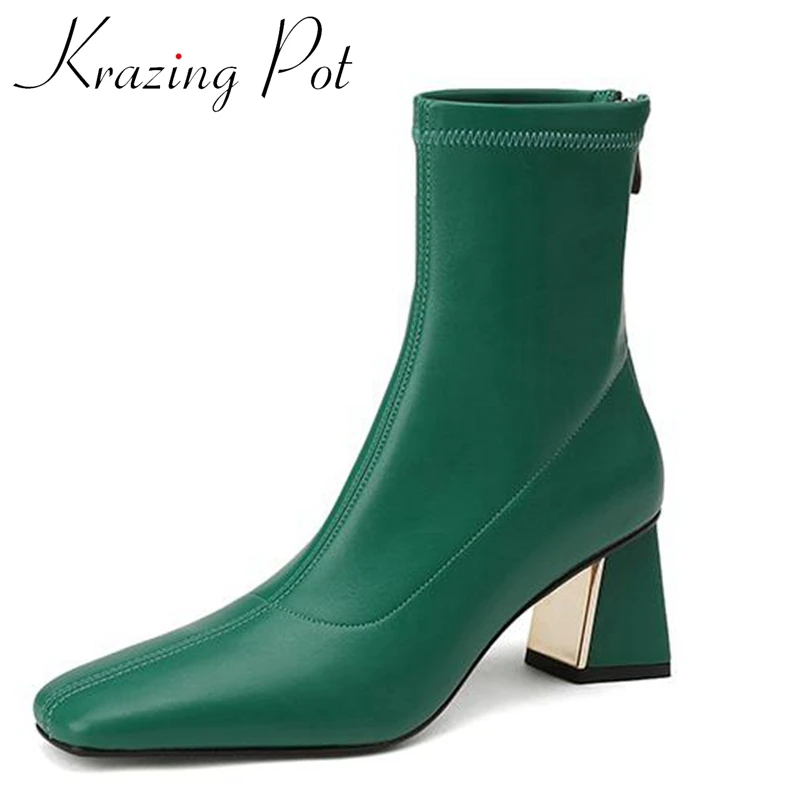 

Krazing Pot Microfiber Square Toe Thick High Heels Chelsea Boots Office Lady Big Size 42 Gentlewomen Brand Zipper Ankle Boots