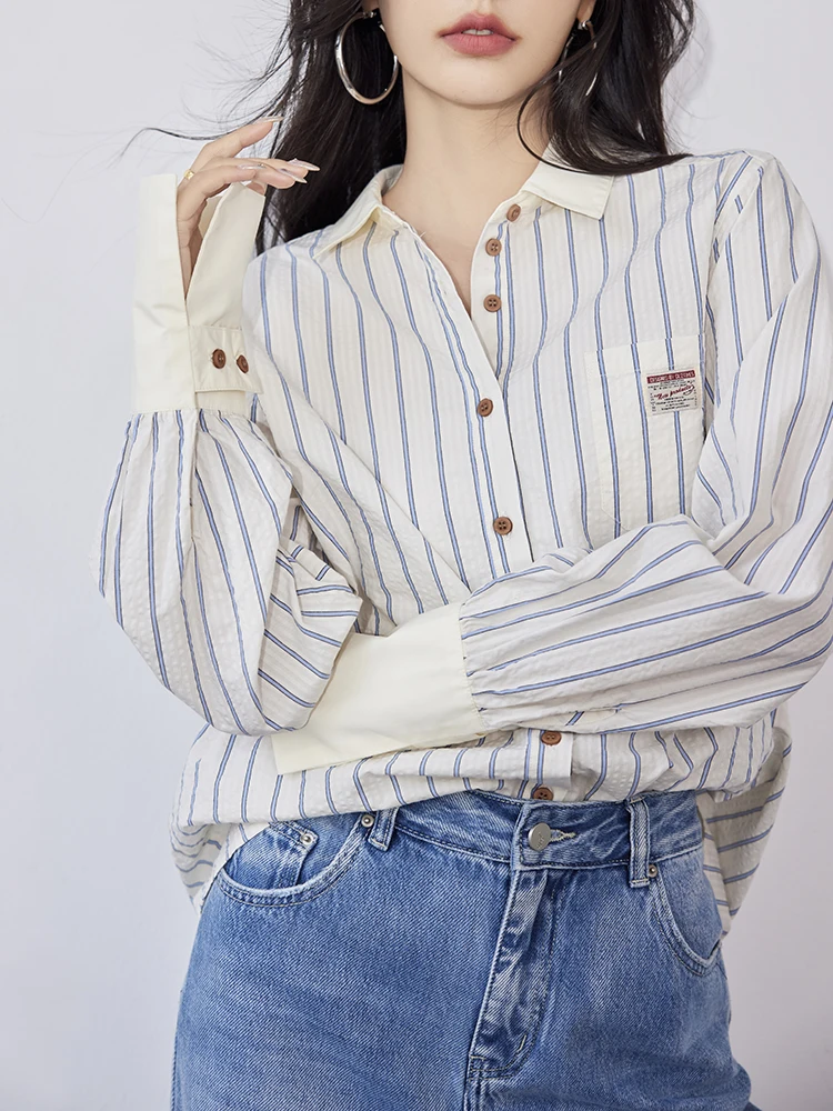 

QOERLIN Vintage Cotton Striped Shirts Women 2023 New In High Fashion Korean Single-Breasted Bishop Sleeve Tops Blouses Female