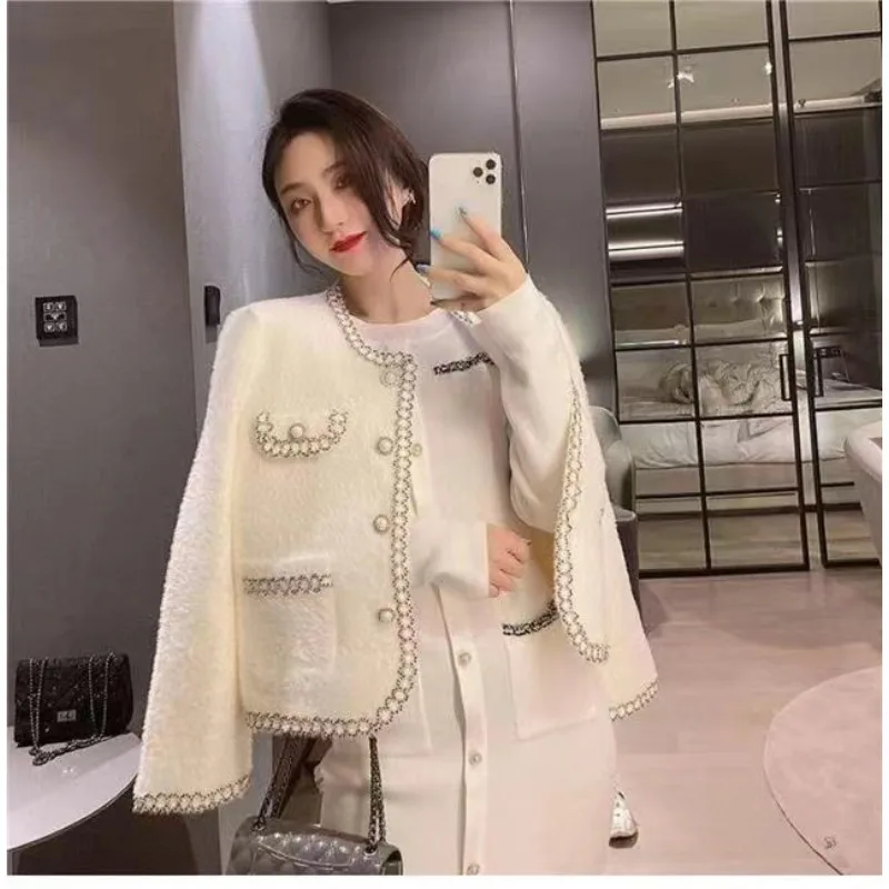 New Autumn and Winter Women's Elegant Cardigan Sweater Fashion Crew Neck Lace Solid Color Women's Shoulder Jacket with Pocket