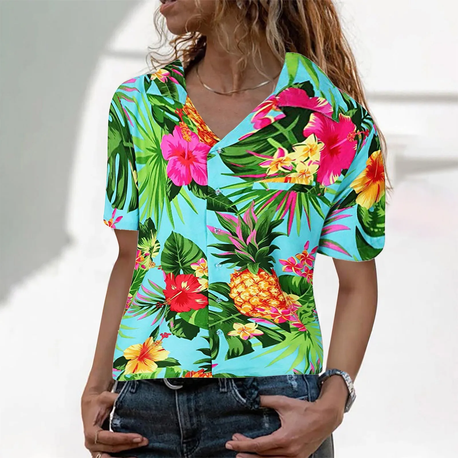 

Fashion Pineapple Print Hawaiian Shirt Summer Loose Casual Turn Down Short Sleeve Beach Women Blouse Button Vintage Tops Blusas