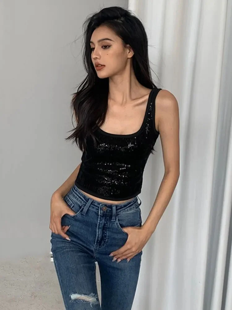 

2024 Fashion Eomen's Vest Black Sequin Sexy Suspenders Korean Slim Fit Women's Corset y2k Streetwear Crop Tops T-Thirt Traf