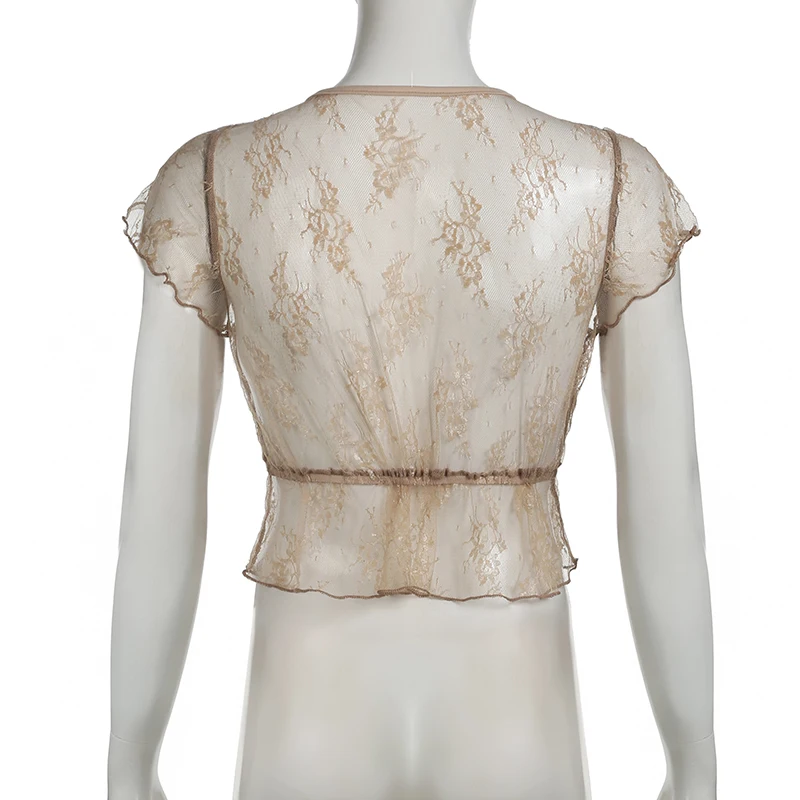 Cárdigan de encaje transparente, top marrón vintage, camiseta corta de manga corta, top informal Y2K con cordones y cuello en V, top bonito, ropa de calle