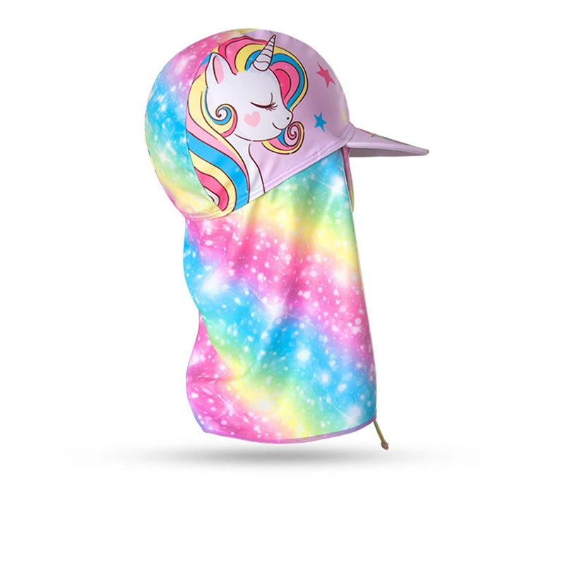 Children Sun Hat Kids Beach Cap Neck Cover Summer Boy Girl Outdoor Unicorn Rainbow Sunscreen UV Protection Swim Flap Hats UPF50 4