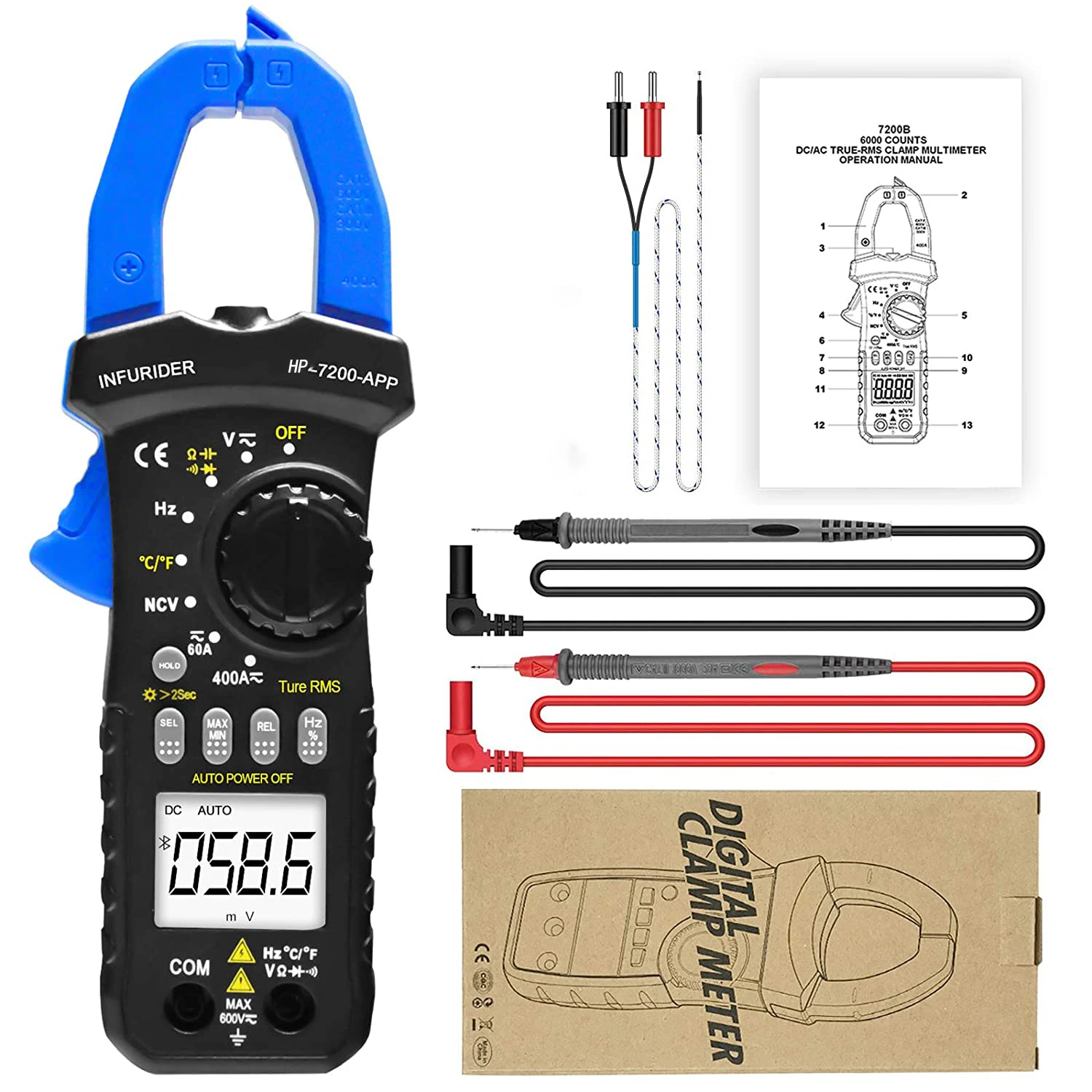 HoldPeak Wireless Bluetooth Clamp Meter HP-7200APP 6000 Count Auto Range Bluetooth MultimeterDC/AC True RMS Continuity Buzzer
